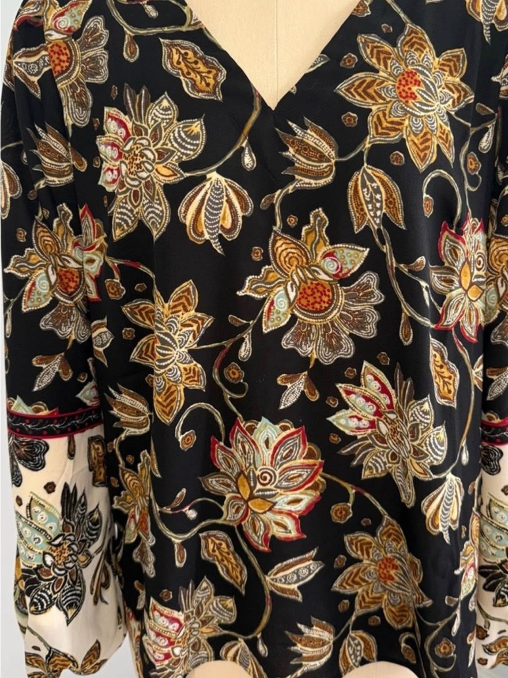 Belle by Kim Gravel Black Floral V-Neck Tunic with Gold and Red Accents